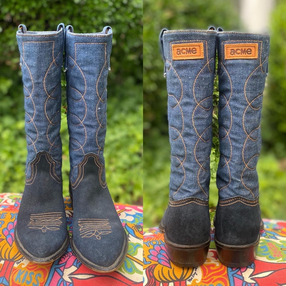 ACME Denim Suede Cowgirl Boots Size 7 - Picture 3 of 4